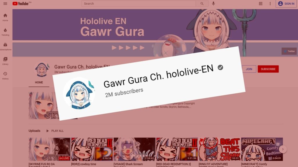 Gawr Gura of Hololive English reaches 2 million subscribers on YouTube