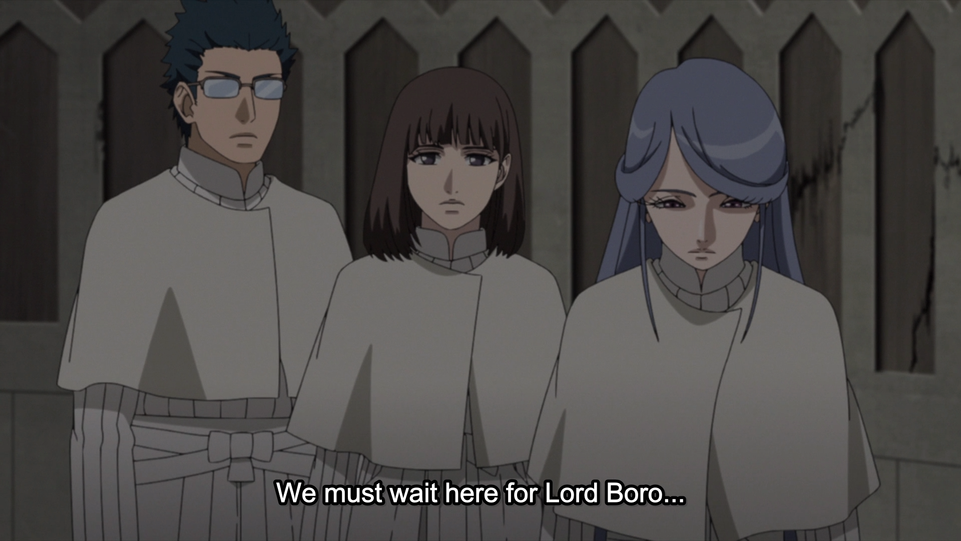 Boro's followers wait for him in Boruto episode 210. Image subtitle reads 
"We must wait here for Lord Boro"