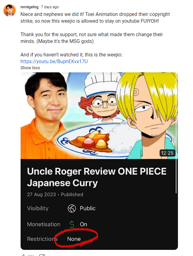 Uncle Roger One Piece Copyright strike