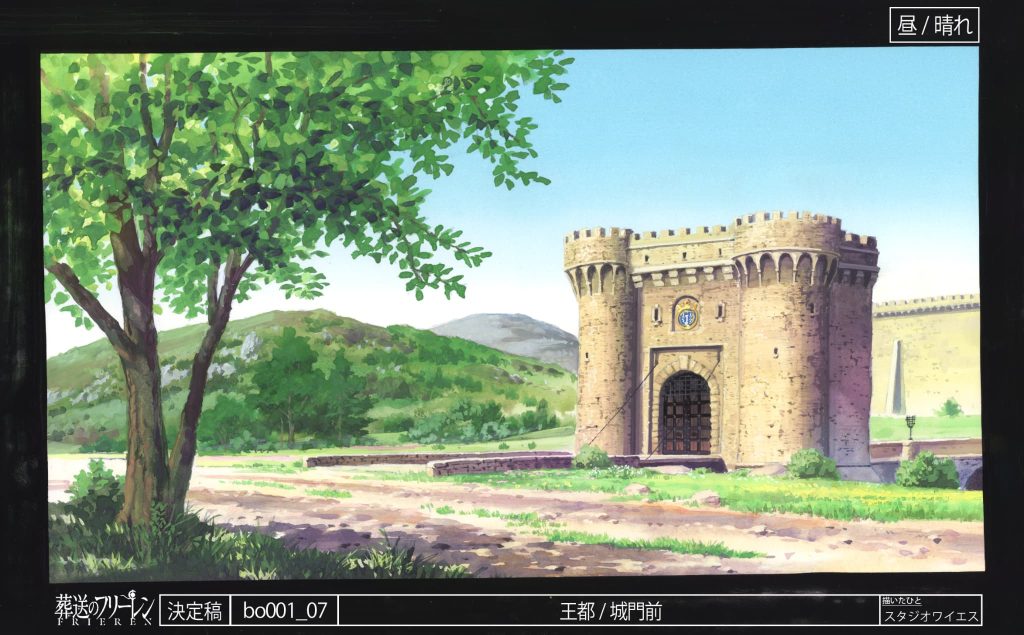 insert image of frieren concept art - fortress in nice green area