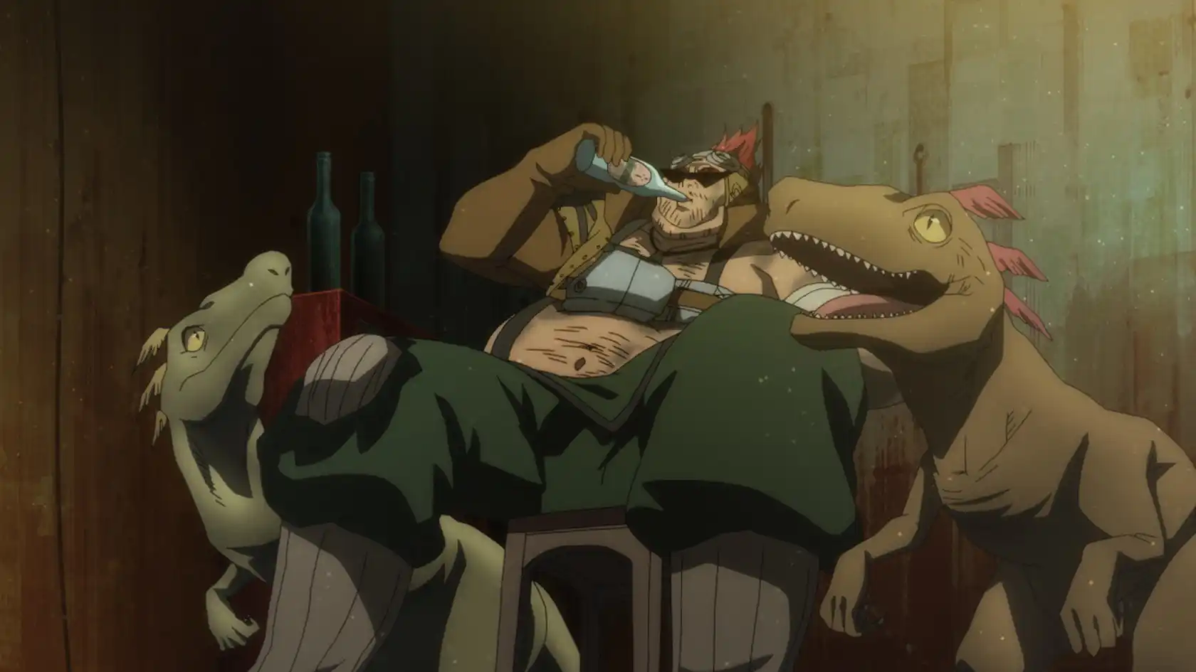 Image of a large, new character drinking with pet dinosaurs next to him