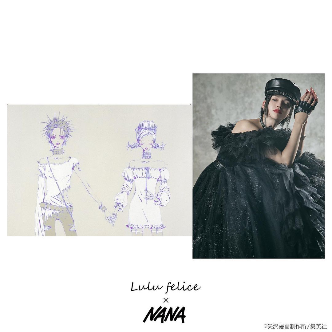 lulu felice x nana black dress with manga art adjacent