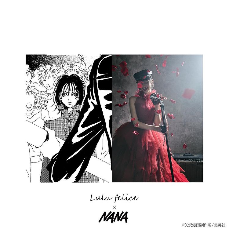 lulu felice x nana red dress with manga art adjacent
